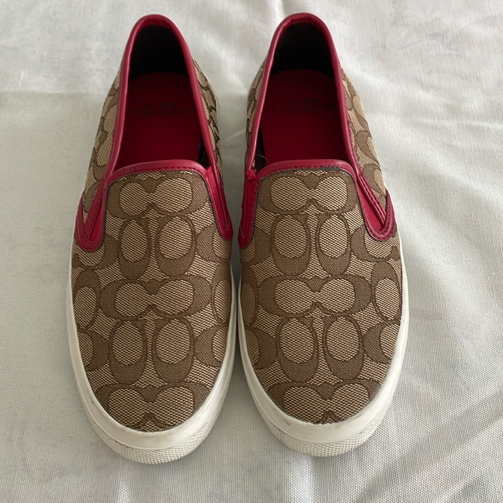 Coach Tan Signature Canvas Slip-On Sneakers with Pink Trim